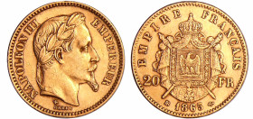 France - Napoléon III (1852-1870) - 20 francs tête laurée 1865 BB (Strasbourg)
TTB+
Ga.1062-F.532
 Au ; 6.44 gr ; 21 mm