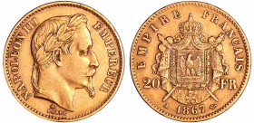 France - Napoléon III (1852-1870) - 20 francs tête laurée 1867 A (Paris)
TTB
Ga.1062-F.532
 Au ; 6.40 gr ; 21 mm