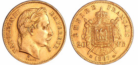 France - Napoléon III (1852-1870) - 20 francs tête laurée 1867 BB (Strasbourg)
SUP
Ga.1062-F.532
 Au ; 6.42 gr ; 21 mm