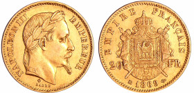 France - Napoléon III (1852-1870) - 20 francs tête laurée 1869 BB (Strasbourg)
TTB+
Ga.1062-F.532
 Au ; 6.38 gr ; 21 mm