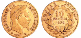 France - Napoléon III (1852-1870) - 10 francs tête laurée 1863 A (Paris)
TB
Ga.1015-F.507
 Au ; 3.17 gr ; 19 mm