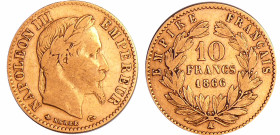 France - Napoléon III (1852-1870) - 10 francs tête laurée 1866 A (Paris)
TB
Ga.1015-F.507
 Au ; 3.16 gr ; 19 mm