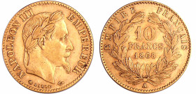 France - Napoléon III (1852-1870) - 10 francs tête laurée 1868 A (Paris)
TTB
Ga.1015-F.507
 Au ; 3.21 gr ; 19 mm