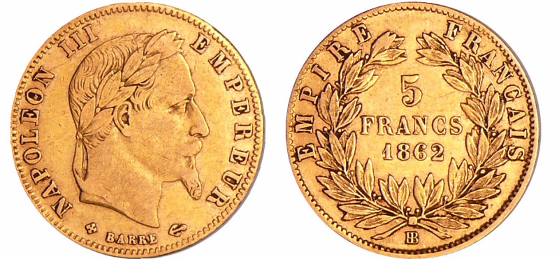 France - Napoléon III (1852-1870) - 5 francs tête laurée 1862 BB (Strasbourg)
T...