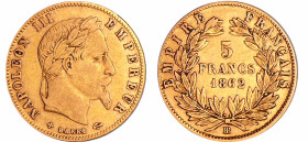 France - Napoléon III (1852-1870) - 5 francs tête laurée 1862 BB (Strasbourg)
TTB
Ga.1002-F.502
 Au ; 1.61 gr ; 17 mm
