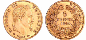 France - Napoléon III (1852-1870) - 5 francs tête laurée 1864 A (Paris)
SUP
Ga.1002-F.502
 Au ; 1.62 gr ; 17 mm