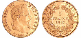 France - Napoléon III (1852-1870) - 5 francs tête laurée 1867 A (Paris)
TTB+
Ga.1002-F.502
 Au ; 1.59 gr ; 17 mm