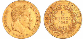 France - Napoléon III (1852-1870) - 5 francs tête laurée 1867 BB (Strasbourg)
SUP
Ga.1002-F.502
 Au ; 1.61 gr ; 17 mm