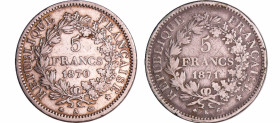 France - Gouvernement de défense nationale (1870-1871) - 5 francs Hercule années 1870 et 1871 (2 monnaies)
Année 1870 : A (TB) ; Année 1871 : K (B+) ...