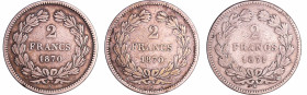 France - Troisième république (1871-1940) - 2 francs Cérés sans légende lot de 3 monnaies
1870 A, 1870 K, 1871 K
TB
Ga.529-F.264
 Ar ; -- ; 27 mm...