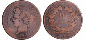 France - Troisième république (1871-1940) - 10 centimes Cérès 1871 K (Bordeaux)
B+
Ga.265-F.135
 Br ; 9.71 gr ; 30 mm