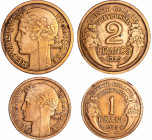 France - Troisième république (1871-1940) - Lot 1 franc et 2 francs Morlon bronze-alu 1935
TTB
Ga.470-F.219
 Br-Al ; -- ; 23 mm