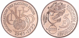 France - Cinquième république (1959- ) - 5 francs cinquantenaire de l'ONU 1995
SUP+
Ga.776
 Cupro-Nickel ; 9.98 gr ; 29 mm