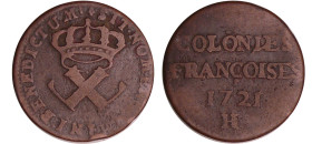 Louis XV - Neuf deniers colonies françoises 1721 H (La Rochelle)
TB
Lecompte.193
 Cu ; 5.87 gr ; 26 mm