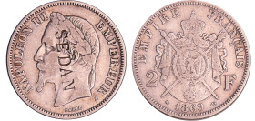 France - Napoléon III (1852-1870) - 2 francs tête laurée 1869 A (Paris), gravée "SEDAN"
TB
Ga.527-F.263
 Ar ; 9.82 gr ; 27 mm