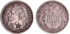 France - Napoléon III (1852-1870) - 1 franc tête laurée 1866 BB (Strasbourg), gravée d'une étoile et de 2 croisettes.
TTB
Ga.463-F.215
 Ar ; 4.91 g...