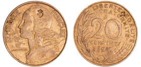 France - Cinquième république (1959- ) - 20 centimes Lagriffoul 1989, gravée d'un cœur navré et d'une croix
TTB
Ga.332-F.156
 Br-Al ; 4.01 gr ; 23....