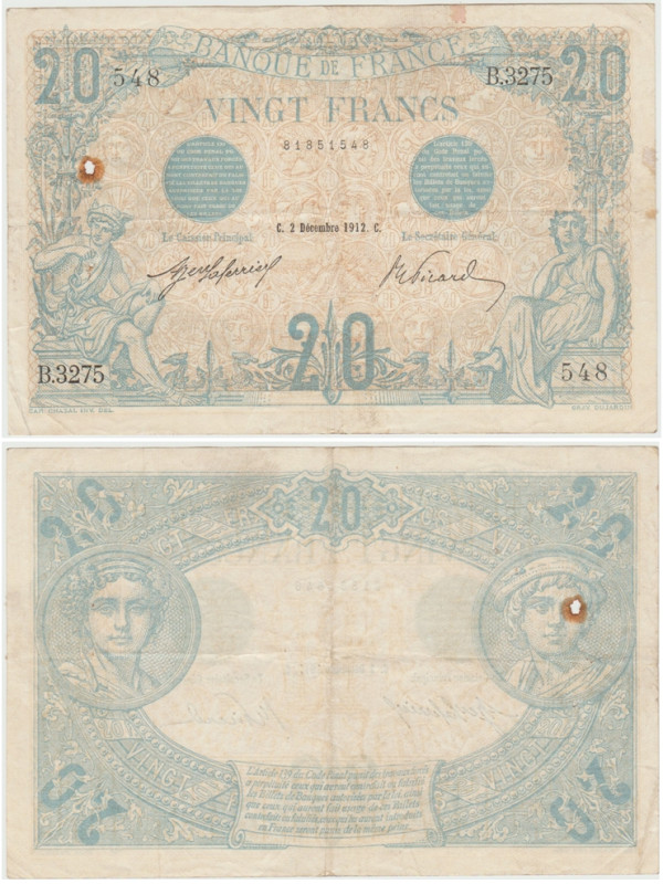 France - 20 francs " Bleu" Type 1905
Pas de trous d'épingles, 2 plis, traces de...
