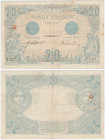 France - 20 francs " Bleu" Type 1905
Pas de trous d'épingles, 2 plis, traces de plis salis, pas de déchirure.
TB
Fayette.F10-3
