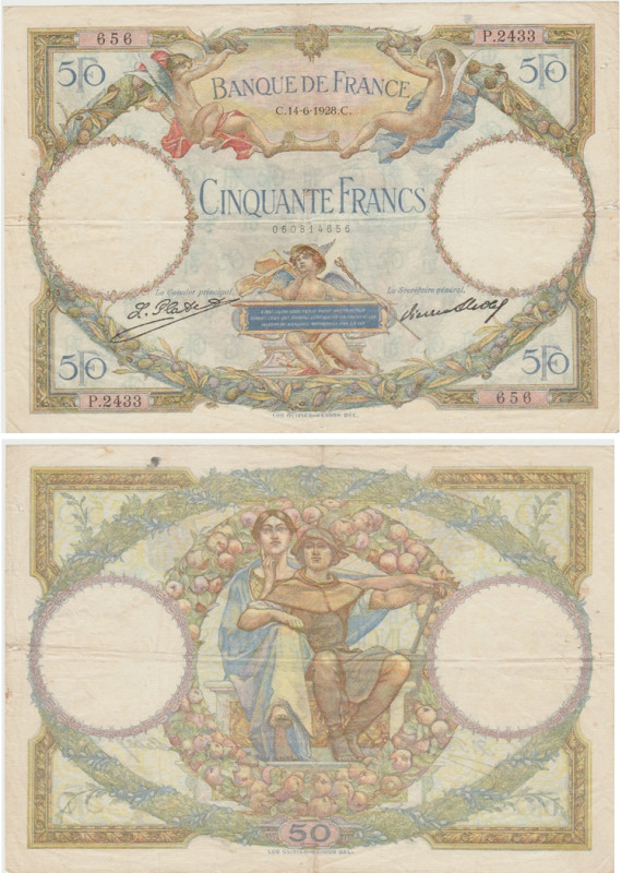 France - 50 francs "Luc Olivier Merson" Type 1927
4 trous d'épingles, 6 plis, t...