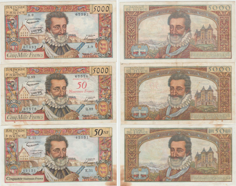 France - 5000 francs et 50 NF francs "Henri IV", Lot des 3 billets
Billets de 5...