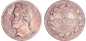 Belgique - Léopold Ier (1831-1865) - 5 francs 1833
TTB
KM#3.1
 Ar ; 24.87 gr ; 37 mm
Tranche position A.