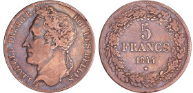 Belgique - Léopold Ier (1831-1865) - 5 francs 1844
TTB
KM#17
 Ar ; 24.62 gr ; 37 mm
Tranche position A.