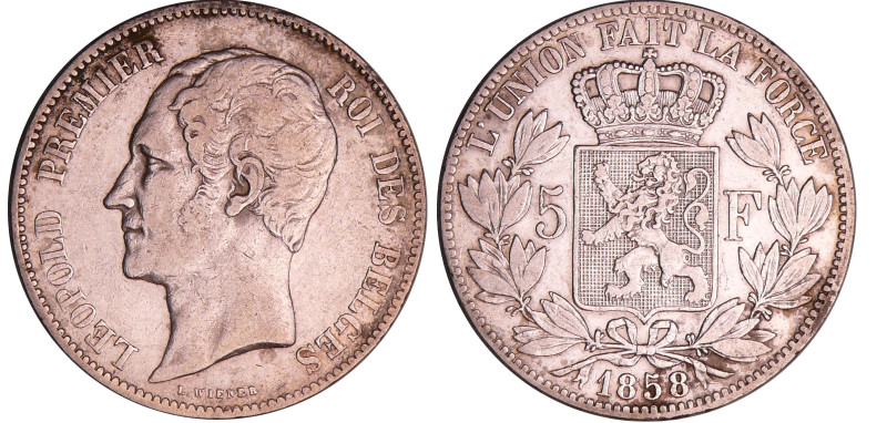Belgique - Léopold Ier (1831-1865) - 5 francs 1858
TTB
KM#17
 Ar ; 24.82 gr ;...