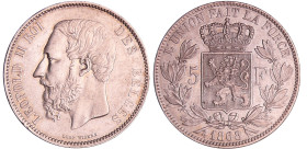 Belgique - Léopold II (1865-1909) - 5 Francs 1868 (tranche B)
SUP+
Eyckmans.155a
 Ar ; 24.98 gr ; 37 mm
Tranche de type B.