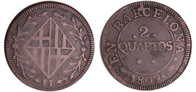 Espagne - Joseph Napoléon (1808-1814) - 2 quartos 1809 (Barcelona)
TTB
KM#66
 Br ; 4.16 gr ; 25 mm