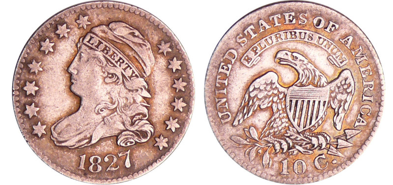 Etats-Unis - Liberty Cap Dimes 1827
TTB
KM#42
 Ar ; 2.65 gr ; 19 mm