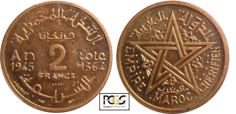 Maroc - 2 francs AH 1364 (1945) piéfort
PCGS SP 64
Lecompte.231
 Br-Al ; -- ;...
