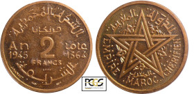 Maroc - 2 francs AH 1364 (1945) piéfort
PCGS SP 64
Lecompte.231
 Br-Al ; -- ; 27 mm
106 exemplaires. PCGS #82206716.