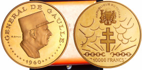 Tchad, République - 10000 francs Général de Gaulle ND (1970)
PROOF
Fried.2
 Au ; 35.54 gr ; 45 mm
Monnaie dans son coffret avec son certificat.