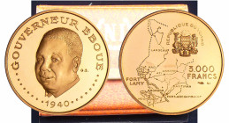 Tchad, République - 3000 francs gouverneur Eboué ND (1970)
PROOF
Fried.4
 Au ; 10.34 gr ; 28 mm
Monnaie dans son coffret avec son certificat.