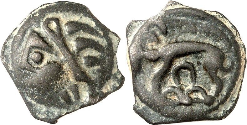 GALLIEN. 
LEUCI (um Toul). 
Potin-18mm 3,93g. Stilisierter Kopf n. l. / Eber n...