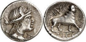 GALLIEN. 
MASSALIA (Marseille; Griechenstadt in Gallien). 
Drachme (121/82 v.Chr.) 2,64g. Artemiskopf mit Diadem n.r.; r. P / MA SS A Löwe schreitet...