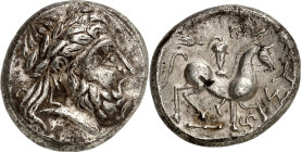 DONAUKELTEN / OSTKELTEN. 
Typ Philippos II. von Makedonien. 
"Pi-Typ"-Stater 13,12g. Zeuskopf mit Lorbeerkranz n.r. / Reiter hoch zu Ross n.r.; l. o...