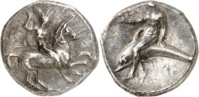 ITALIEN. 
KALABRIEN. 
TARAS (Taranto / Tarent). Stater (281/272 v.Chr.) 7,56g, Ephebe, nackt, mit Helm, Lanze, Schild und Speeren, hoch zu Ross n.r....