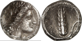 ITALIEN. 
LUKANIEN. 
METAPONTION (Metaponto). Stater (325/280) 7,74g. Kopf der Demeter mit Ährenkranz, Perlenkette und Ohrgehänge n. r. / META Kornä...