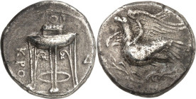 ITALIEN. 
BRUTTION. 
KROTON (Crotone). Stater (350/300, v.Chr.) 7,46g. Adler mit offenen Flügeln fliegt n.l. / KRO Dreifuß, r. D. SNG ANS&nbsp; 364,...