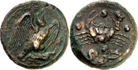 SIZILIEN. 
AKRAGAS (Agrigento). 
AE-Hemilitron 30mm (425/406 v.Chr.) 20,98g. Adler mit ausgebreiteten Schwingen n. r., hält in den Fängen Hase n.l. ...