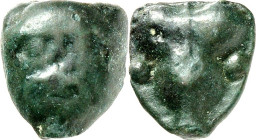SIZILIEN. 
SELINUS. 
Guss-AE-14x13mm (435/415 v.Chr.) 5,55g. Flussgott Selinos-Kopf v. v. / Eppichblatt zw. 2 Wertkugeln. SNG ANS&nbsp; -, SNG Münch...
