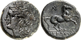 SIZILIEN. 
SYRAKUS (Siracusa). 
Hieron II. 275-216 v. Chr. AE-17mm 3,89g. Apollokopf mit Lorbeerkranz n.l. / IEP- WNOS P Pferd im Lauf n.r., oben L ...