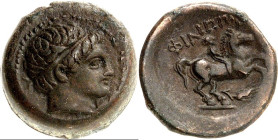 MAKEDONIEN. 
KÖNIGREICH. 
Philippos II. 359-336 v. Chr. AE-Tetrachalkon 18mm 6,30g, unbest. maked. Mzst. Jünglingskopf m. Diadem n.r. / FILIPP oY Re...