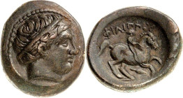 MAKEDONIEN. 
KÖNIGREICH. 
Philippos II. 359-336 v. Chr. AE-Tetrachalkon 17/19mm 6,69g, unbest. maked. Mzst. Jünglingskopf m. Diadem n.r. / FILIPP oY...