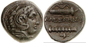 MAKEDONIEN. 
KÖNIGREICH. 
Alexander III. der Große 336-323 v. Chr. AE-Dichalkon 18mm (323/310 v.Chr.) 6,50g, unbest. Mzst. Kopf des Herakles im Löwe...