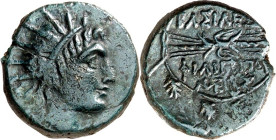 MAKEDONIEN. 
KÖNIGREICH. 
Philippos V. 221-179 v. Chr. AE-Obolos 20/23mm (188/179 v.Chr.) 10,30g. Helioskopf n.r. / im Eichenkranz: BA SILEWS - FILI...