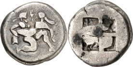 THRAKIEN. 
INSELN VOR THRAKIEN. 
THASOS. Trite (1/3 Stater) (463/411 v. Chr.) 3,69g. Silen, nackt, ityphallisch, mit Pferdehufen, läuft im Knielauf-...