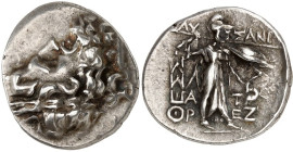 THESSALIEN. 
THESSALISCHE LIGA. Stater (Ditropaikon) (168/44 v.Chr.) 6,25g. Belorbeerter Zeuskopf n.r. / QESSA-LW N Pallas Itonia schreitet mit Speer...